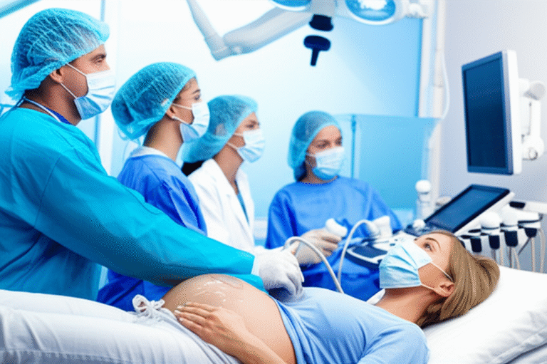 Equipe médica durante ultrassom em gestante
