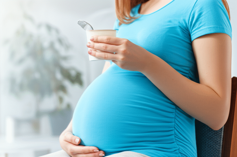 Mulher grávida sorrindo, segurando a barriga e comendo iogurte.