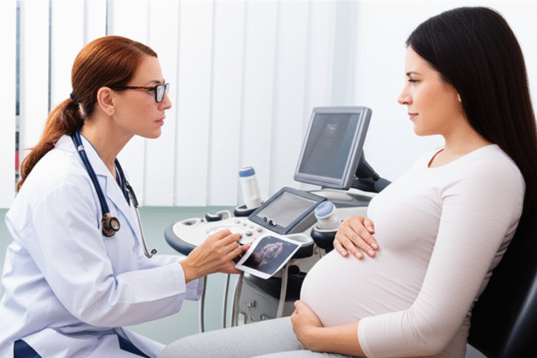 Médica explicando resultados de ultrassom para gestante