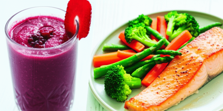 Receitas para um Humor Feliz na Gestação Smoothie de frutas vermelhas e salmão assado com legumes, exemplos de refeições para um humor equilibrado na gravidez.