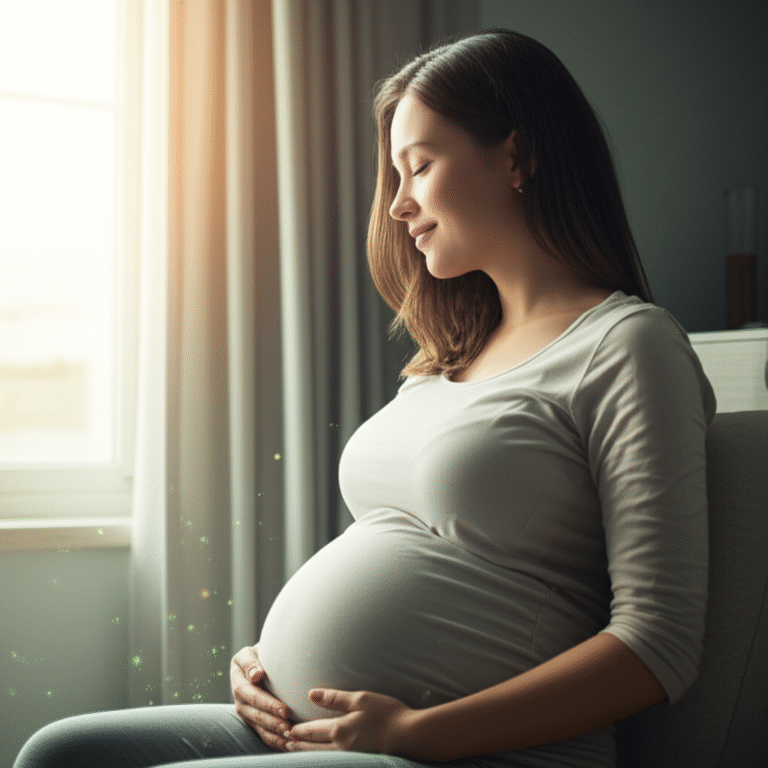 Mulher grávida sorrindo com a mão na barriga em um ambiente natural