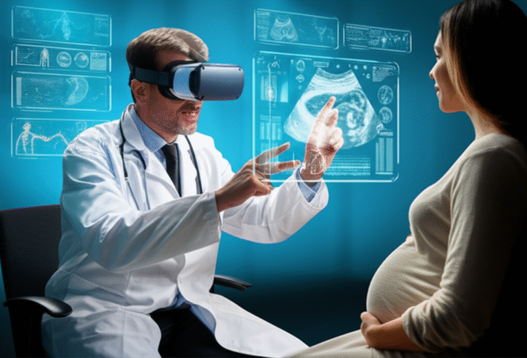 Médico e grávida em consulta virtual no metaverso