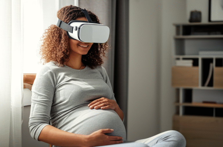 Mãe grávida usando VR para se conectar com o bebê