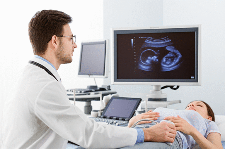 Médico realizando ultrassonografia em uma gestante.