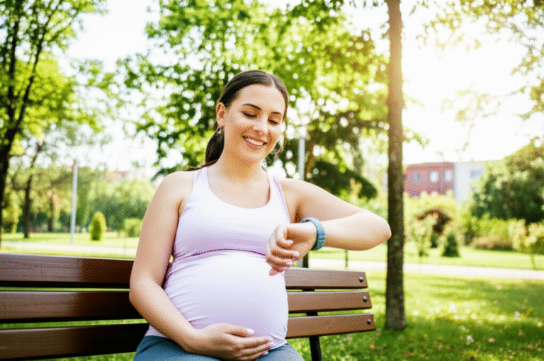 Mulher grávida usando smartwatch para monitorar sua saúde