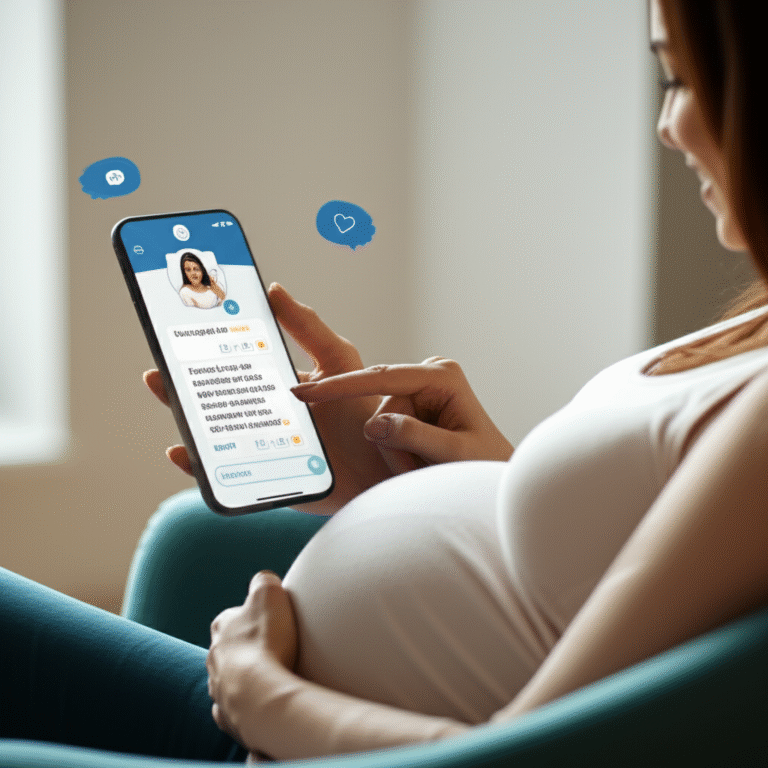 Mulher grávida conversando com um chatbot em seu smartphone