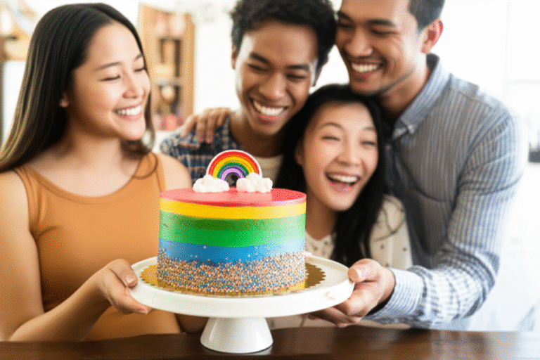 Família celebrando a gravidez com um bolo arco-íris