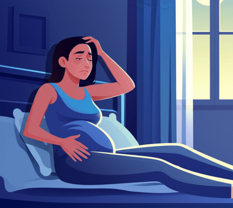 Mulher grávida deitada na cama, com expressão de cansaço.