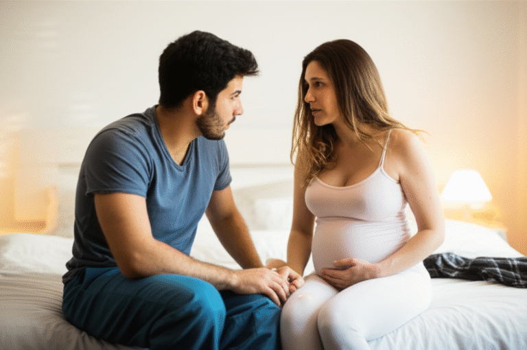Casal grávido conversando na cama sobre dificuldades de sono