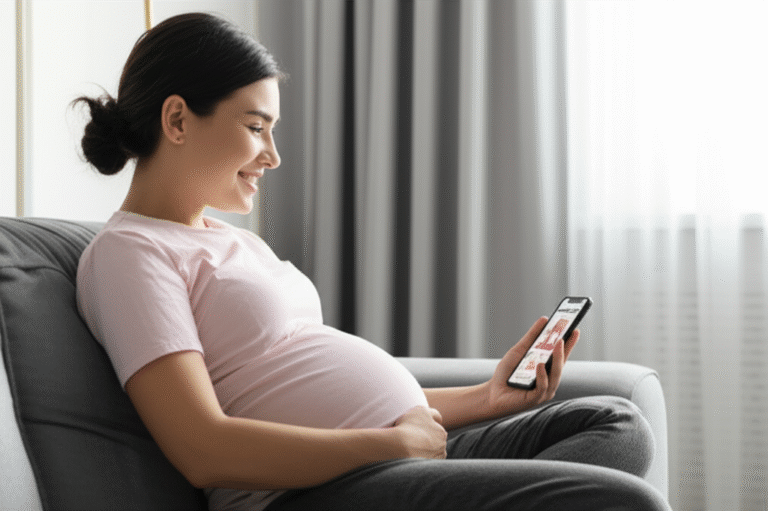 Mãe grávida usando aplicativo no celular para monitorar a gravidez.