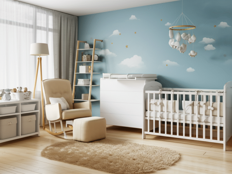 Quarto de bebê com decoração minimalista e tons neutros.