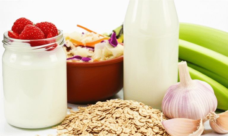 Probióticos e Prebióticos na Gravidez Variedade de alimentos probióticos e prebióticos para uma gestação saudável.