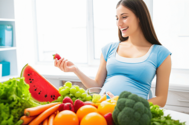 Mãe grávida sorrindo enquanto come frutas e legumes