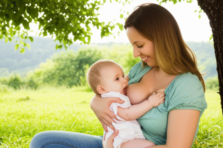 Mãe amamentando bebê ao ar livre em um parque.
