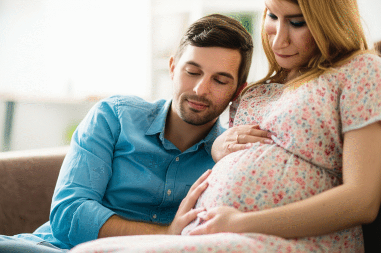 Pai acariciando a barriga da esposa grávida