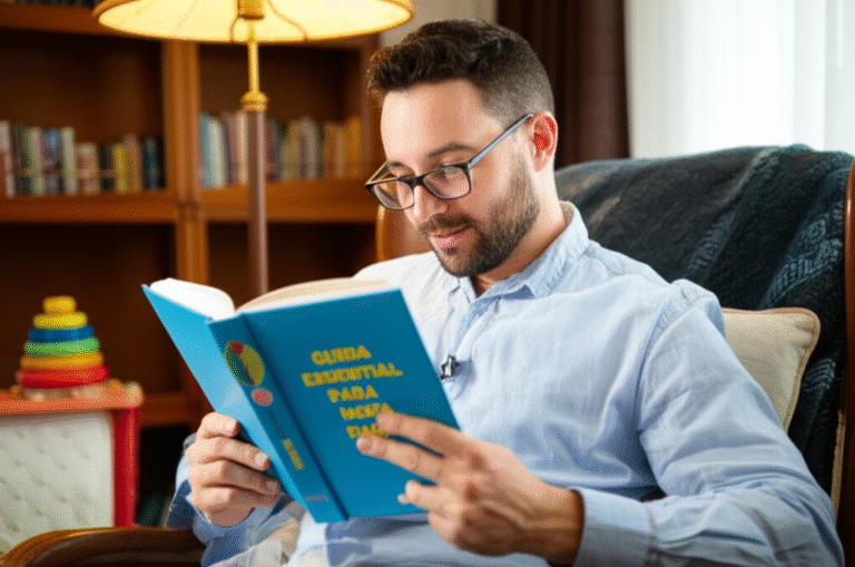 Pai lendo livro sobre paternidade