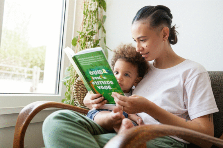 Maternidade e Sustentabilidade Mãe Gen Z lendo um livro sobre sustentabilidade para seu filho