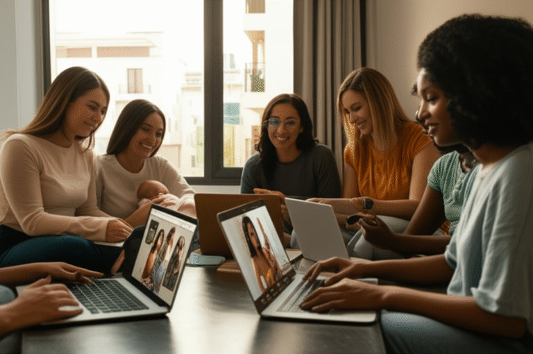 Comunidade Online e Maternidade Grupo de mães Gen Z reunidas em um encontro online