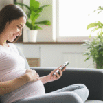 Gestante usando aplicativo de gravidez no celular