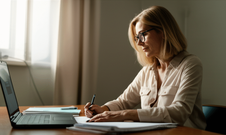 Mulher escrevendo uma carta ou e-mail, simbolizando a solicitação do Direito ao Esquecimento.
