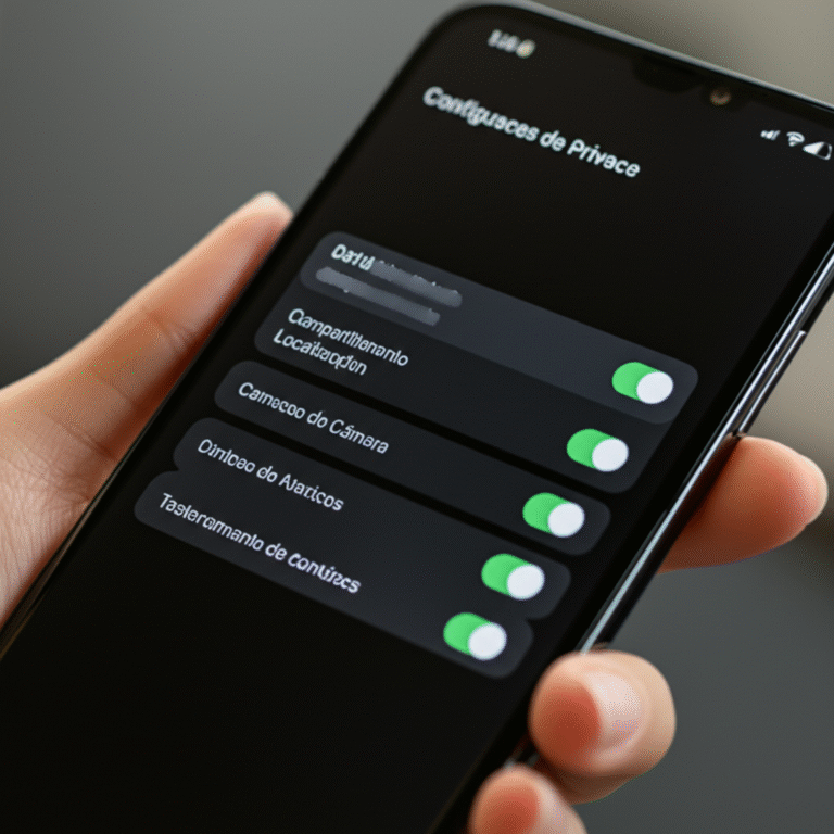 Smartphone com configurações de privacidade abertas, mostrando opções de controle de dados.