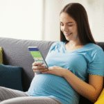 Mulher grávida sorrindo enquanto usa um aplicativo de gravidez no celular