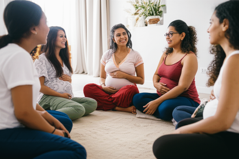 Grupo de mulheres grávidas conversando em um círculo, sorrindo e se apoiando