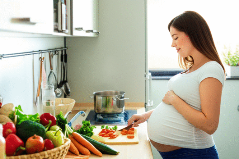 Nutrição Consciente na Gravidez Gestante preparando refeição saudável em casa