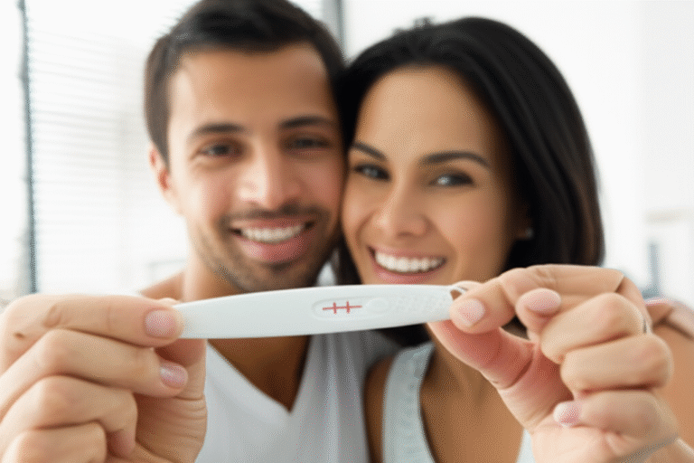 Concepção Consciente: Sucesso e Felicidade Casal sorrindo ao ver resultado positivo de teste de gravidez