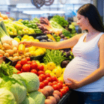 Gestante escolhendo frutas e vegetais frescos no mercado
