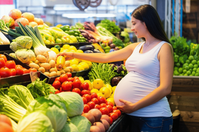 Gestante escolhendo frutas e vegetais frescos no mercado