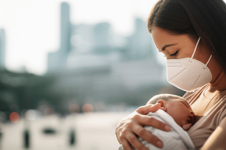 Mãe protegendo bebê da poluição do ar