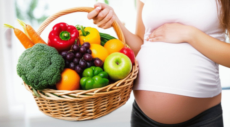 Nutrição Saudável na Gravidez Grávida sorrindo segurando uma cesta de frutas e vegetais frescos.