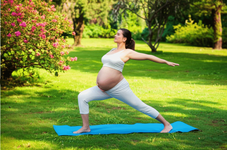 Bem-estar Emocional na Gestação Grávida praticando yoga ao ar livre em um parque.