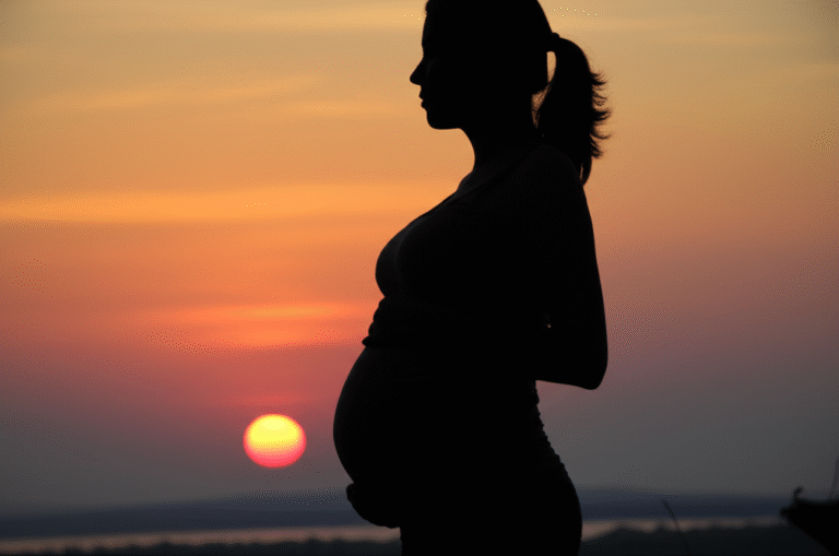 Intuição Materna e Gravidez Silhueta de mãe grávida ao nascer do sol