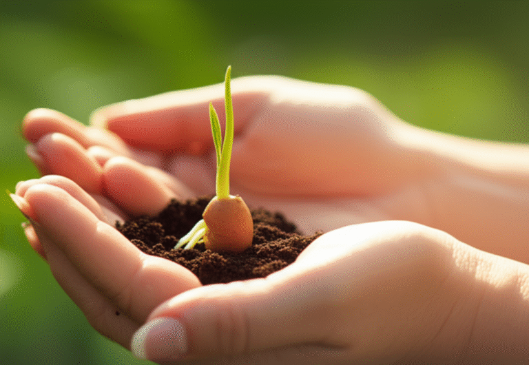 Campo Energético e Crescimento Mãos segurando uma semente germinando
