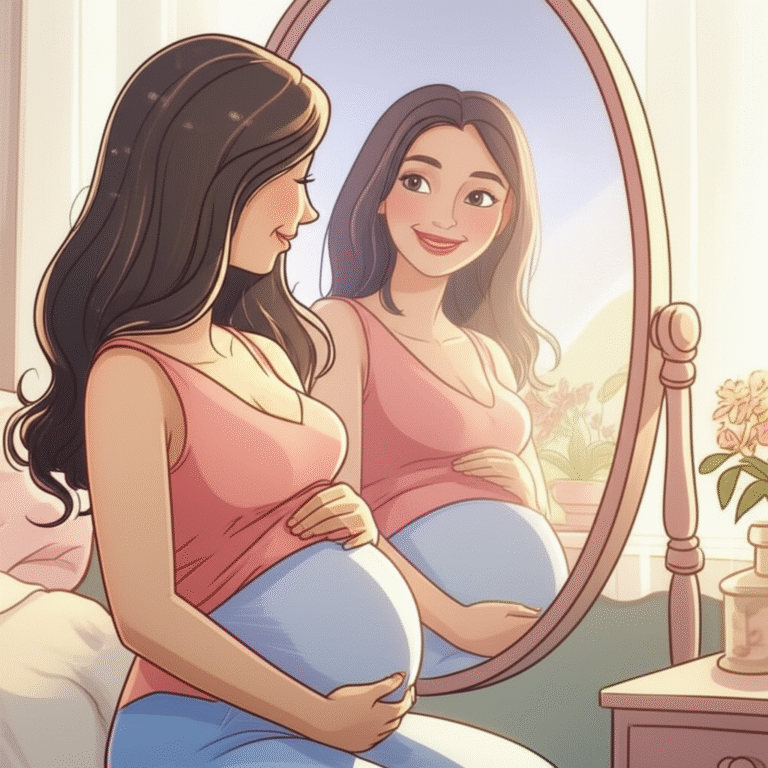 Efeito Halo na Gravidez Grávida sorrindo em frente ao espelho, com reflexo positivo