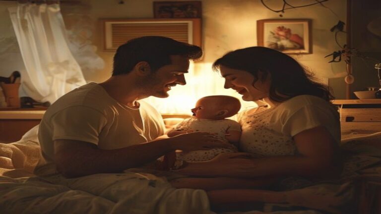Vínculo familiar através do som Pai e mãe conversando com a barriga de grávida em um ambiente doméstico acolhedor.