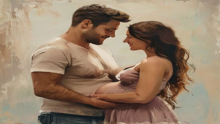 Pai e mãe conversando com a barriga de grávida